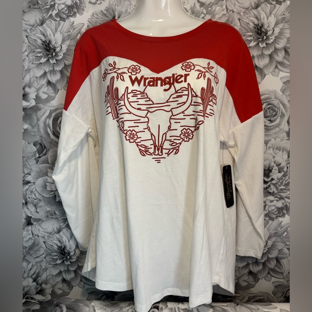 Wrangler Retro Long Sleeve Graphic Tee Women’s L Western Bull Skull Cactus Top